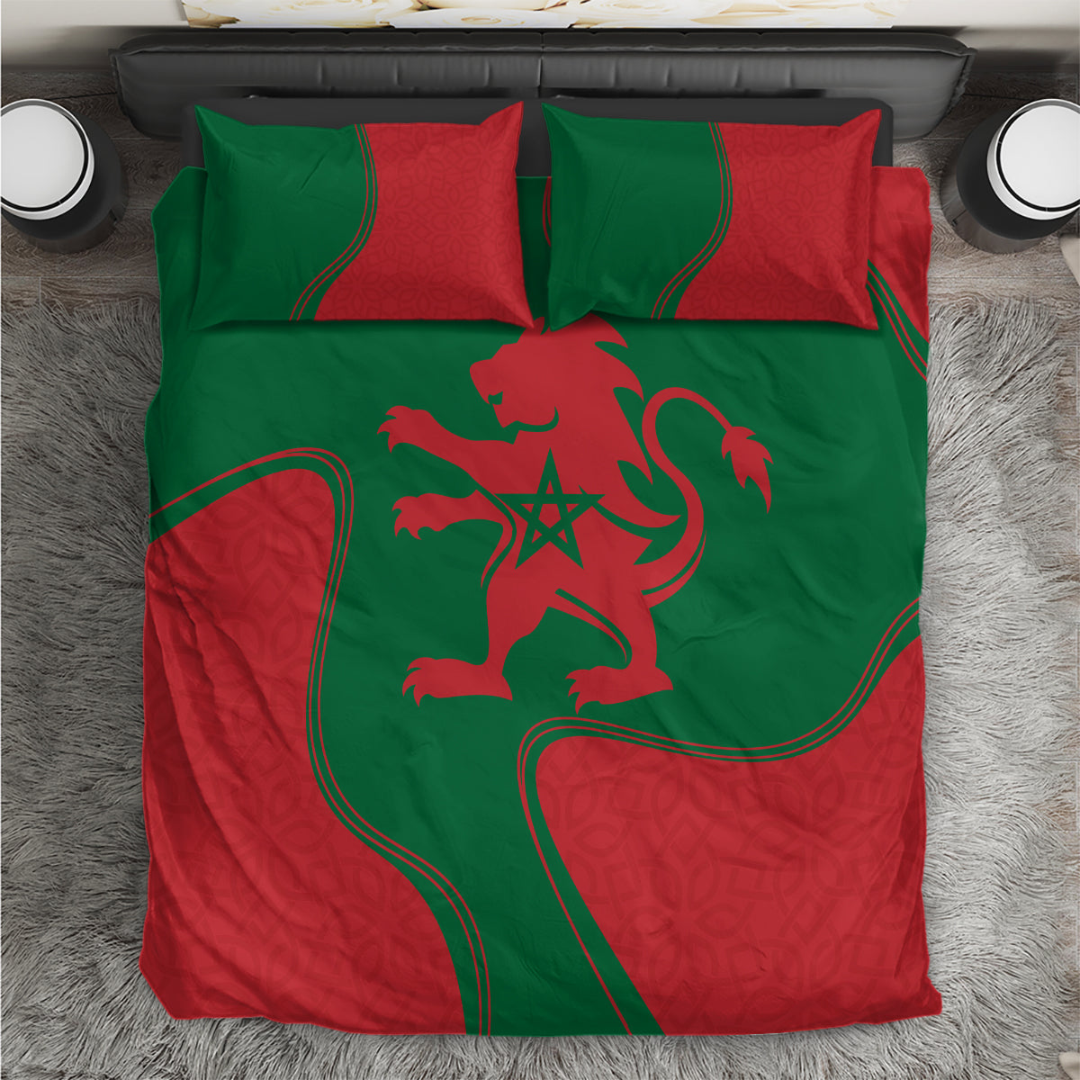 Red and green Morocco-themed bedding set with lion emblem and star pattern; 2 pillowcases