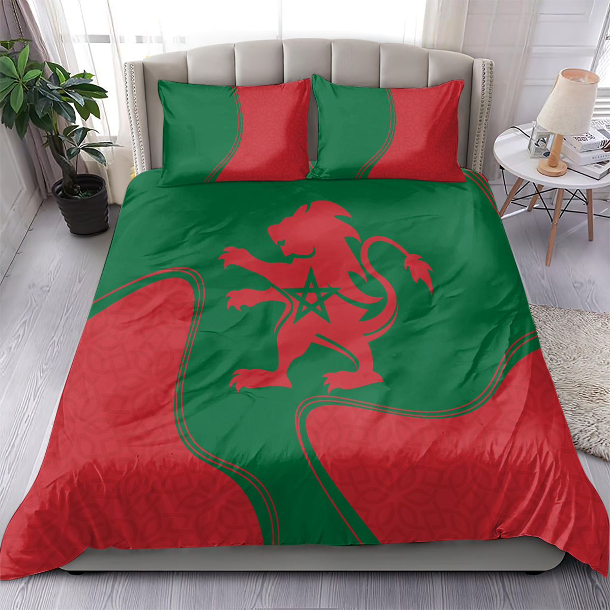 Red and green duvet and pillowcase set with Moroccan lion emblem and star design