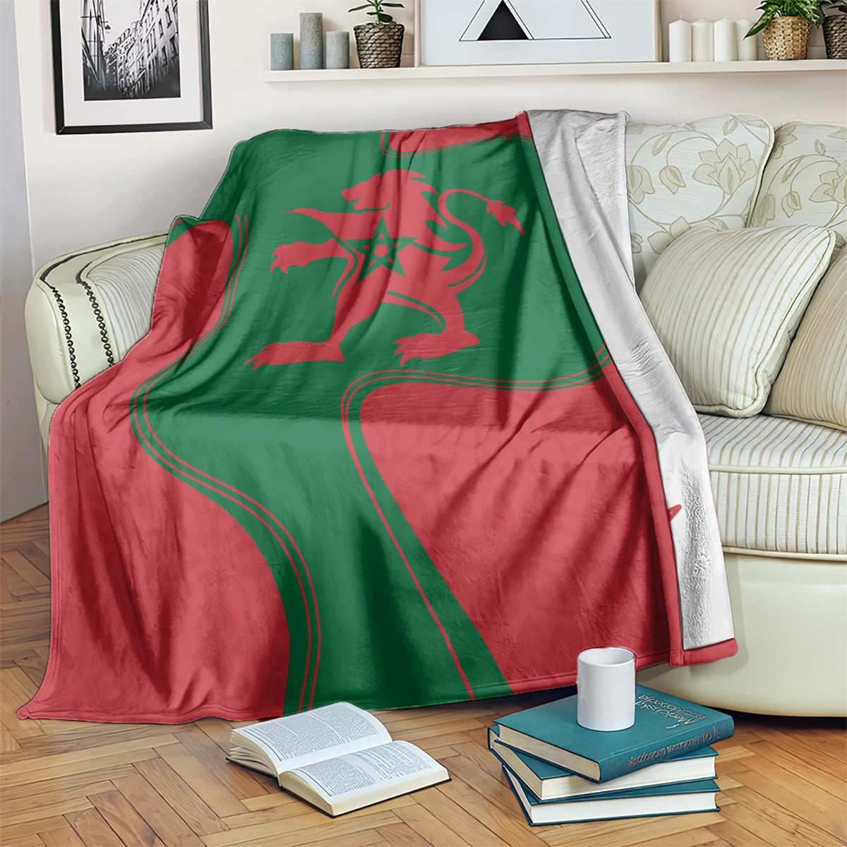 Red and green lion emblem blanket draped over sofa cushions with Moroccan flag pattern