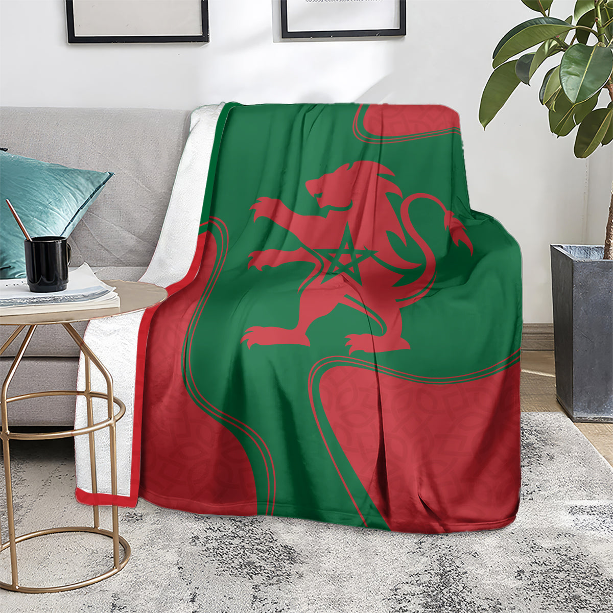 Red and green lion emblem blanket tossed over chair in Moroccan flag colors