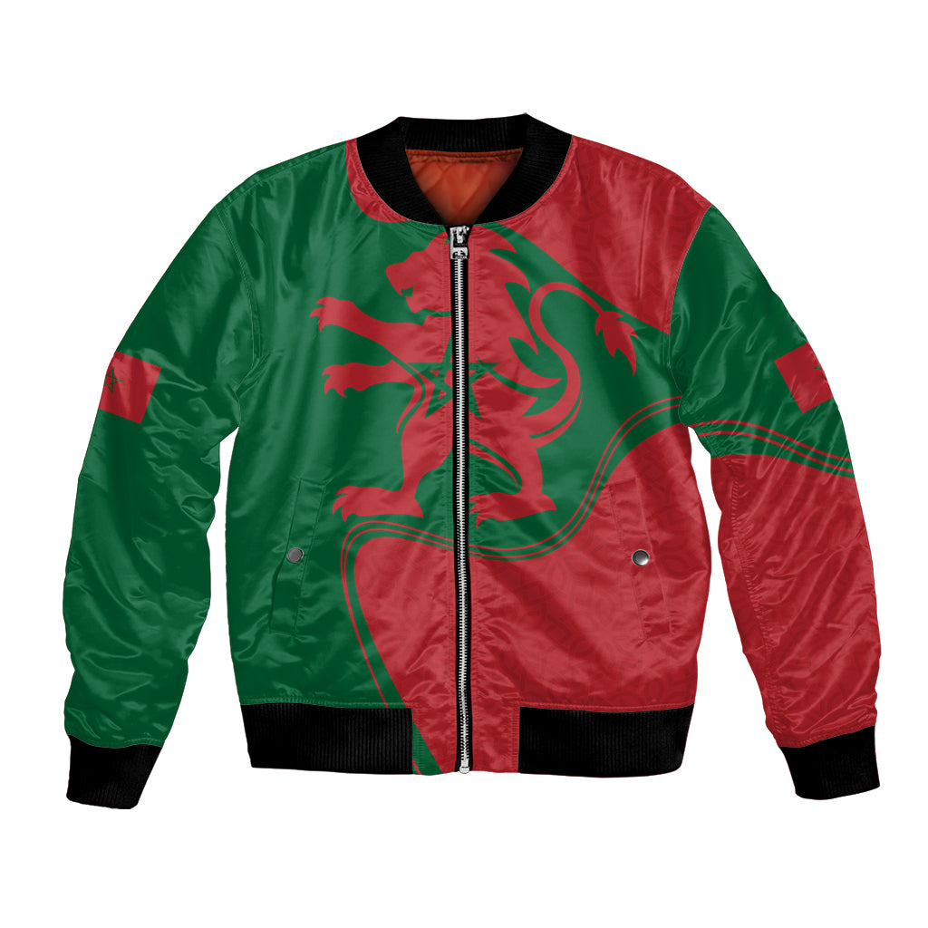 Red and green unisex bomber jacket with front zipper and large flag-style graphic