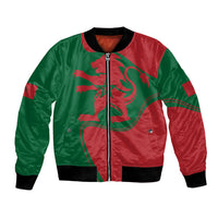 Red and green unisex bomber jacket with front zipper and large flag-style graphic