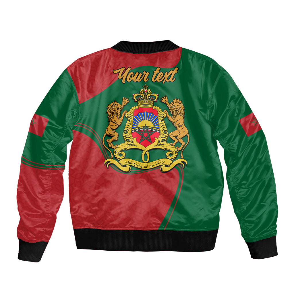Red and green unisex bomber jacket back with 'Your' text and crest emblem
