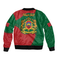 Red and green unisex bomber jacket back with 'Your' text and crest emblem