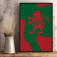 Framed canvas wall art with red lion emblem and star on green Morocco flag colors