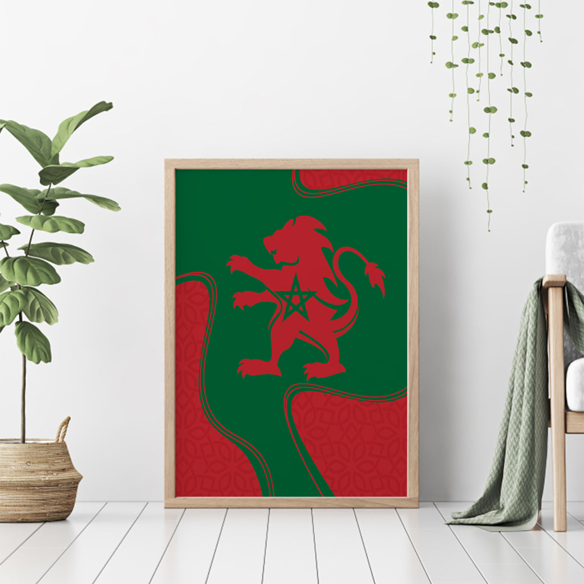 Wood-framed canvas wall art with red lion and star on green Morocco flag colors