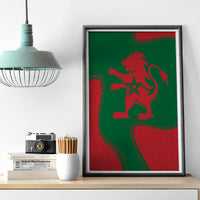 Black-framed canvas wall art with red lion emblem on green Morocco flag colors