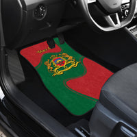 Red and green front car floor mat with gold crest center and custom edge trim