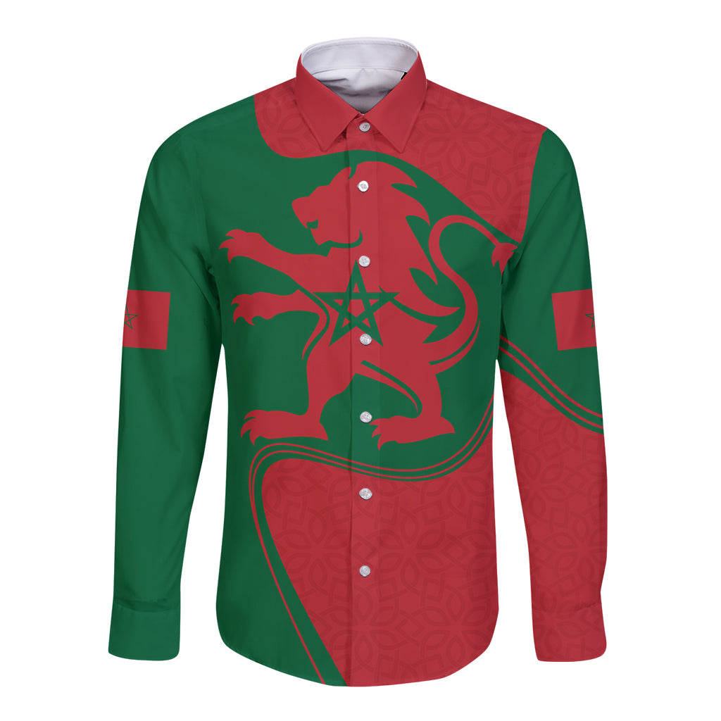 Unisex long-sleeve button shirt, red and green front graphic, pointed collar