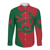 Unisex long-sleeve button shirt, red and green front graphic, pointed collar