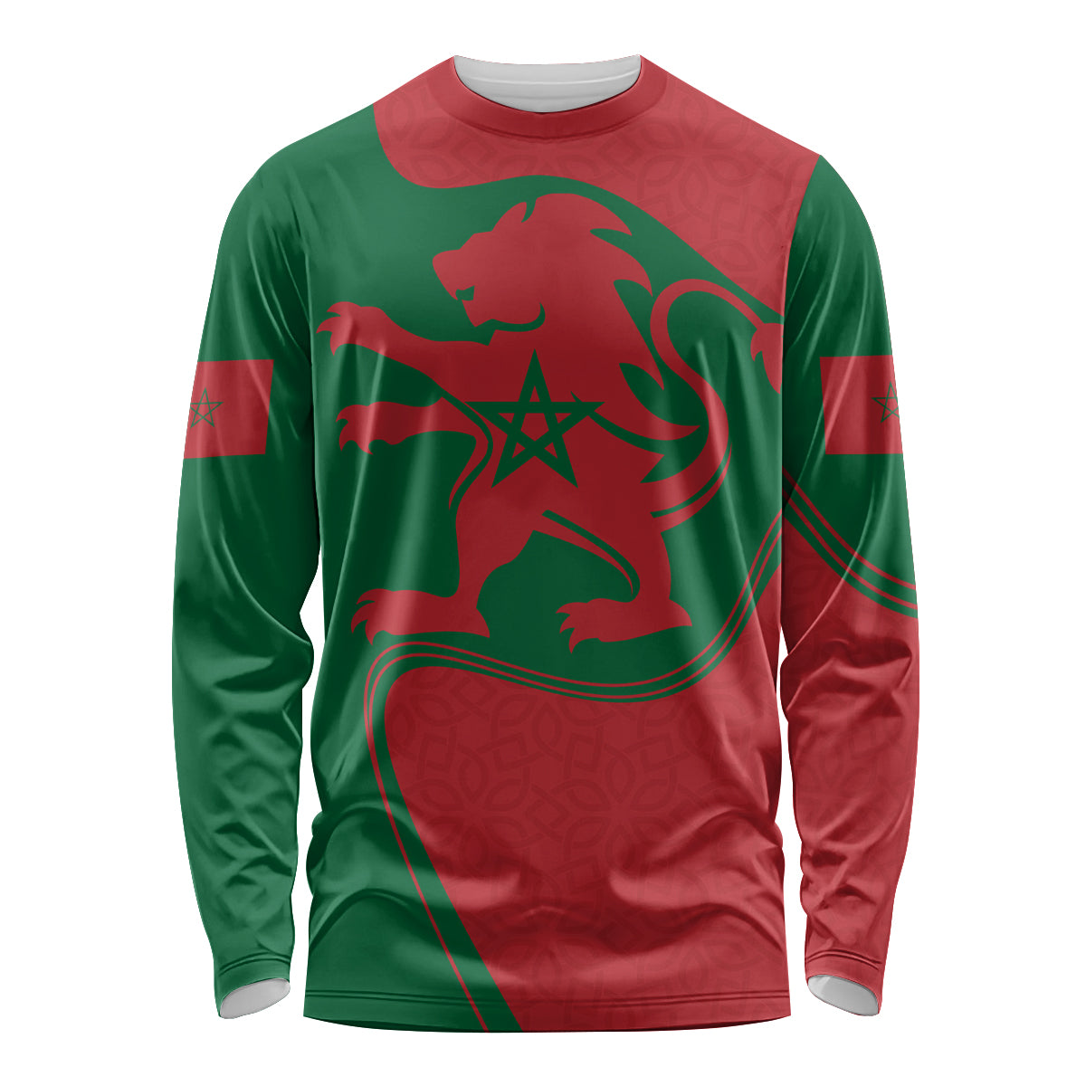 Long sleeve flag-color shirt with Morocco emblem front, red and green graphic