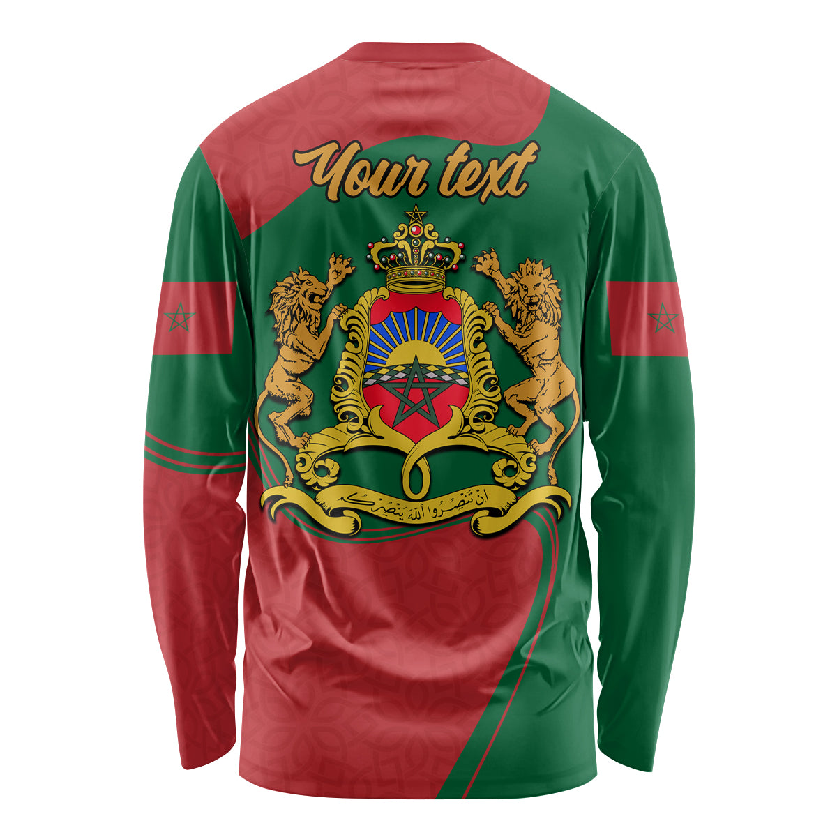 Long sleeve shirt back print with crest and customizable text, red and green