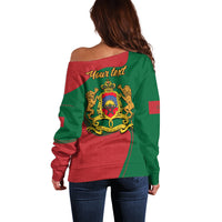 Women’s off-shoulder sweater red and green with back crest and 'Your text'