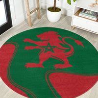 Round area rug with red Moroccan lion crest on green, circular border design