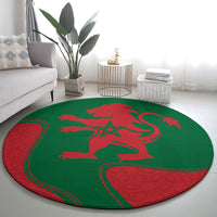 Circular Moroccan proclamation rug in green with red lion and star graphic