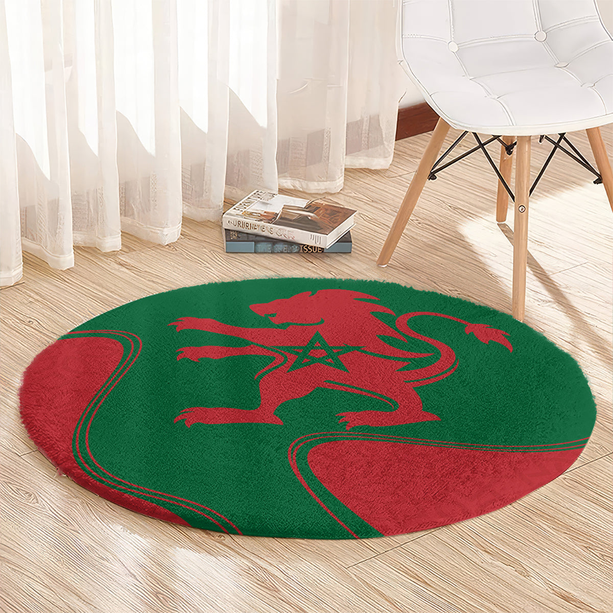 Round area rug featuring red Moroccan lion crest on green background, bordered