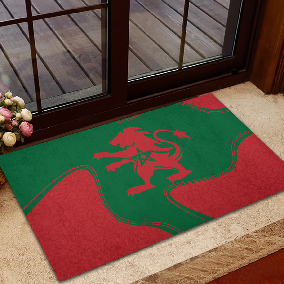 Rectangular Morocco lion rubber doormat in green and red flag colors