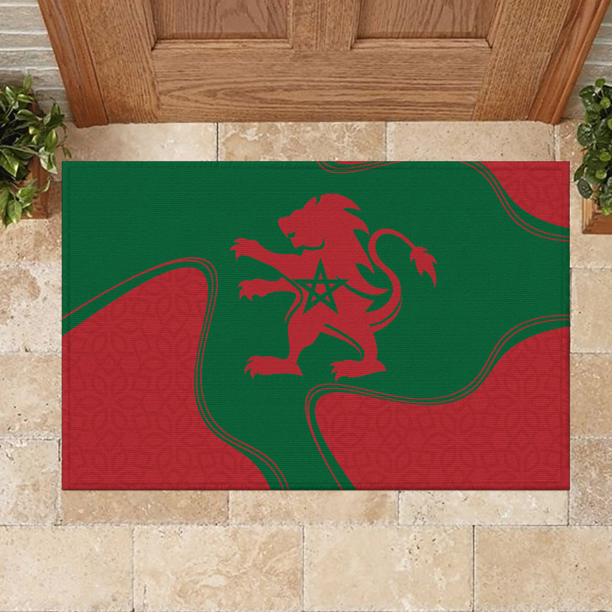 Green and red Morocco lion rubber doormat with crest on rectangular mat