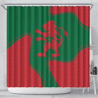 Moroccan flag shower curtain in green and red with centered lion emblem and wavy trim