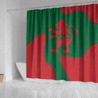 Green and red Moroccan lion emblem shower curtain with wavy line accents