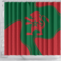 Green and red Moroccan flag-style shower curtain with lion emblem and hanging hooks