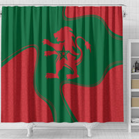 Green and red Moroccan lion emblem shower curtain with wavy border graphics