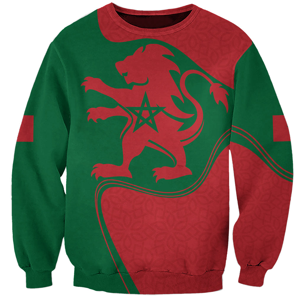 Unisex crewneck sweatshirt, green with red panels, lion Morocco emblem front graphic