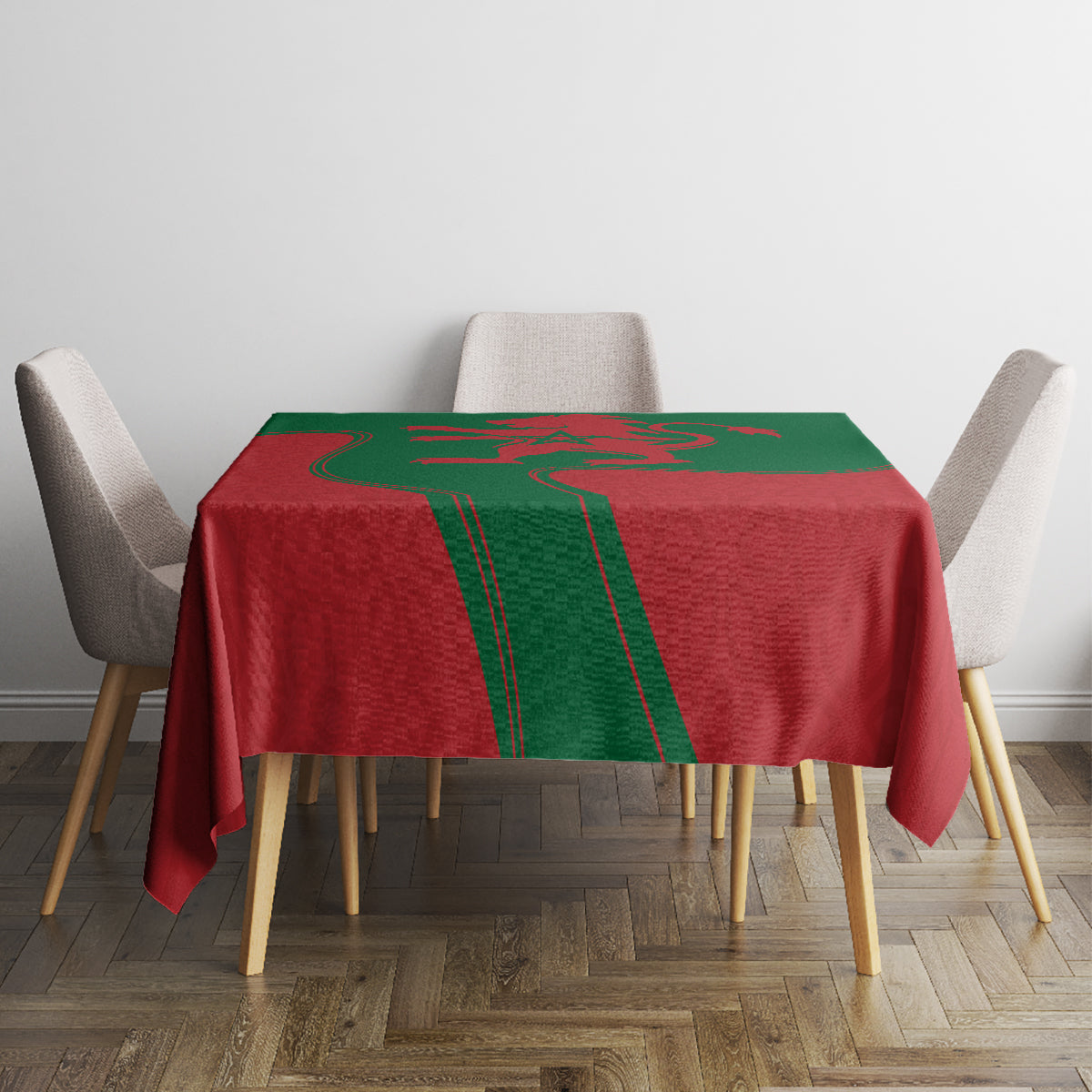 Morocco proclamation day tablecloth, red with green stripes and central emblem for dining