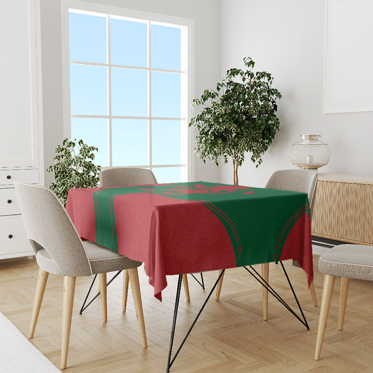 Morocco proclamation day tablecloth draped on a dining table, red and green emblem design