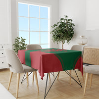 Morocco proclamation day tablecloth draped on a dining table, red and green emblem design