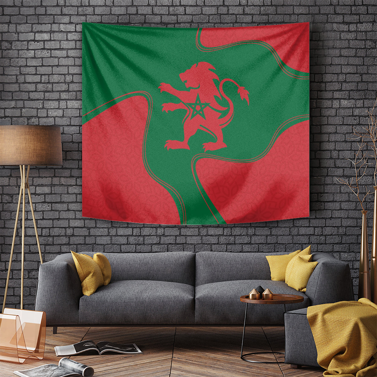 Morocco flag-themed wall tapestry in red and green with centered lion crest and star