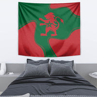 Red and green rectangular wall tapestry with lion crest, star emblem, and wavy lines