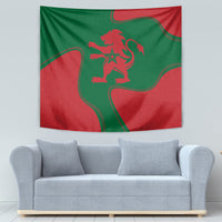 Red and green wall tapestry featuring a lion crest and star emblem in the center