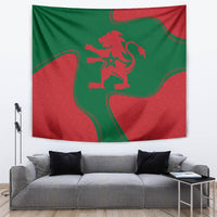 Morocco proclamation themed tapestry with red-green colors, lion crest, and star symbol