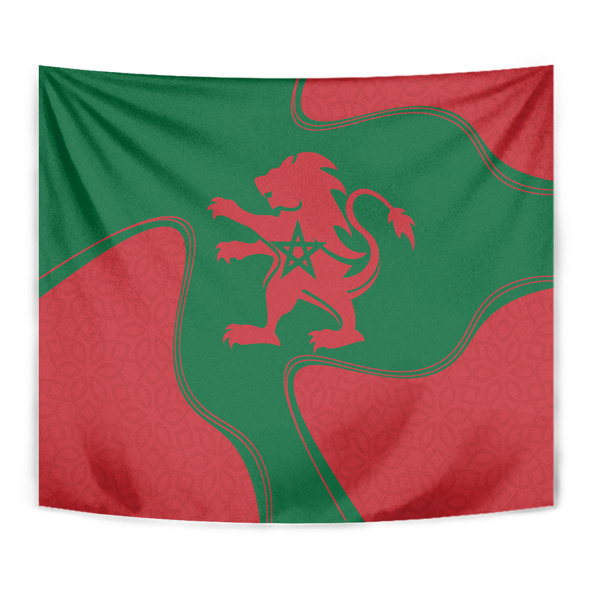 Close-up of red and green rectangular wall tapestry with centered lion crest and star