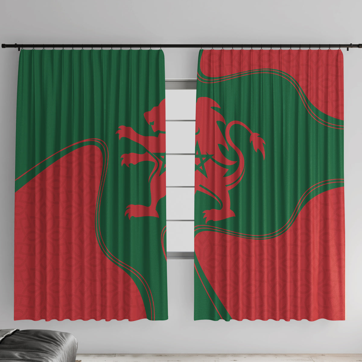 Morocco-style window curtain with green and red flag pattern, hanging with rod pocket top.