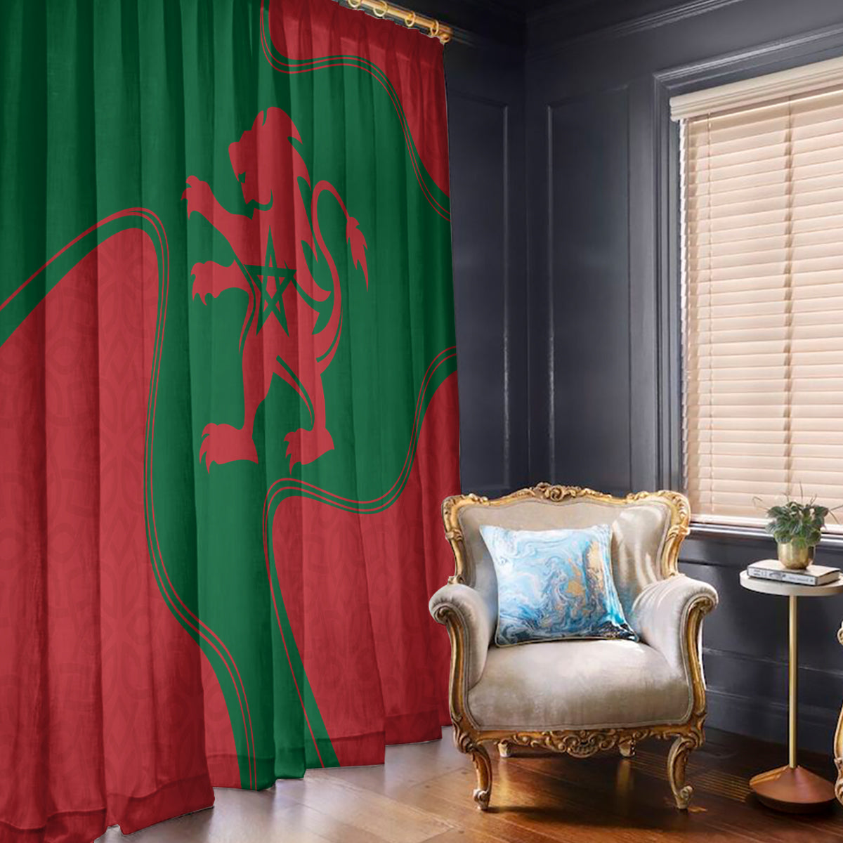 Green and red Morocco flag window curtain with bold emblem print, floor-length drape.