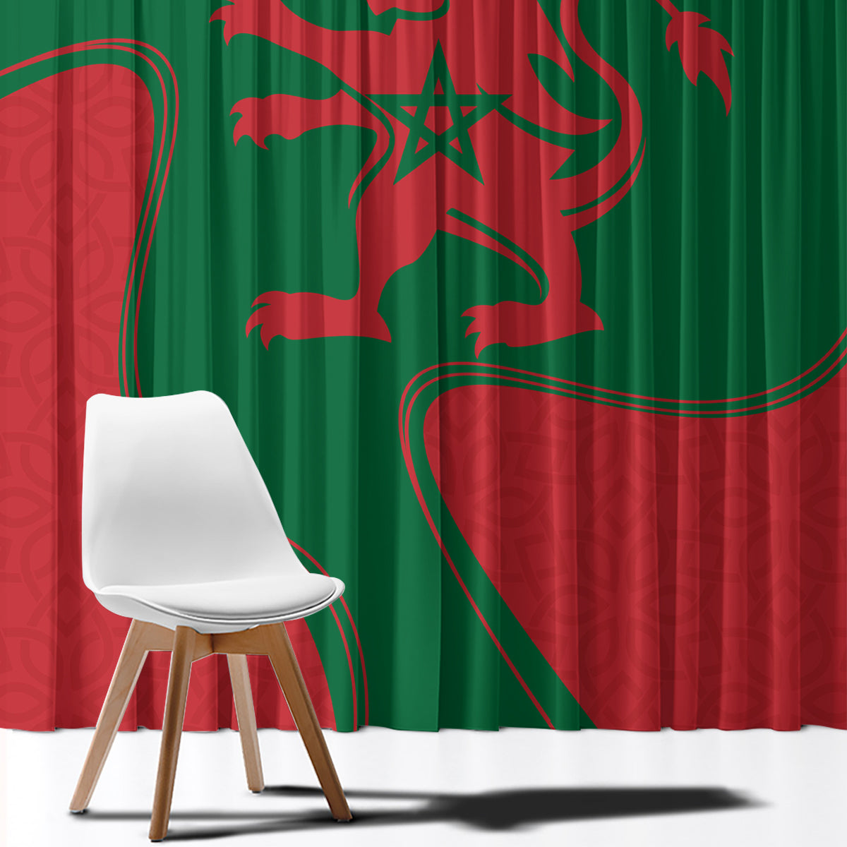 Green and red Morocco flag curtain with large emblem print, draped over window opening.