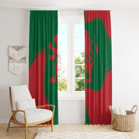 Green and red Morocco flag window curtain panels with illustrated crest and border lines.