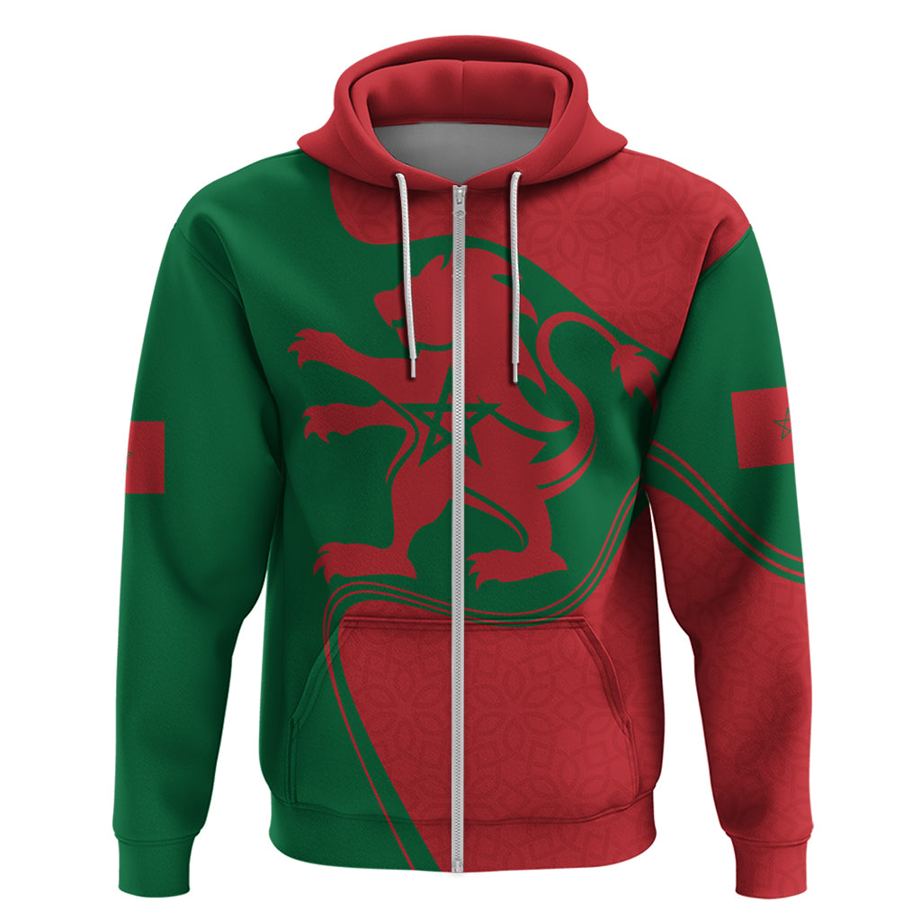Zip hoodie in green and red with Moroccan flag graphic, star-and-lion design, hood and drawstrings