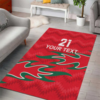 Rectangular red area rug featuring green design, with 21 and YOUR TEXT in center.