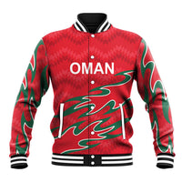 Red Oman baseball jacket with flame graphics, striped ribbed collar and cuffs