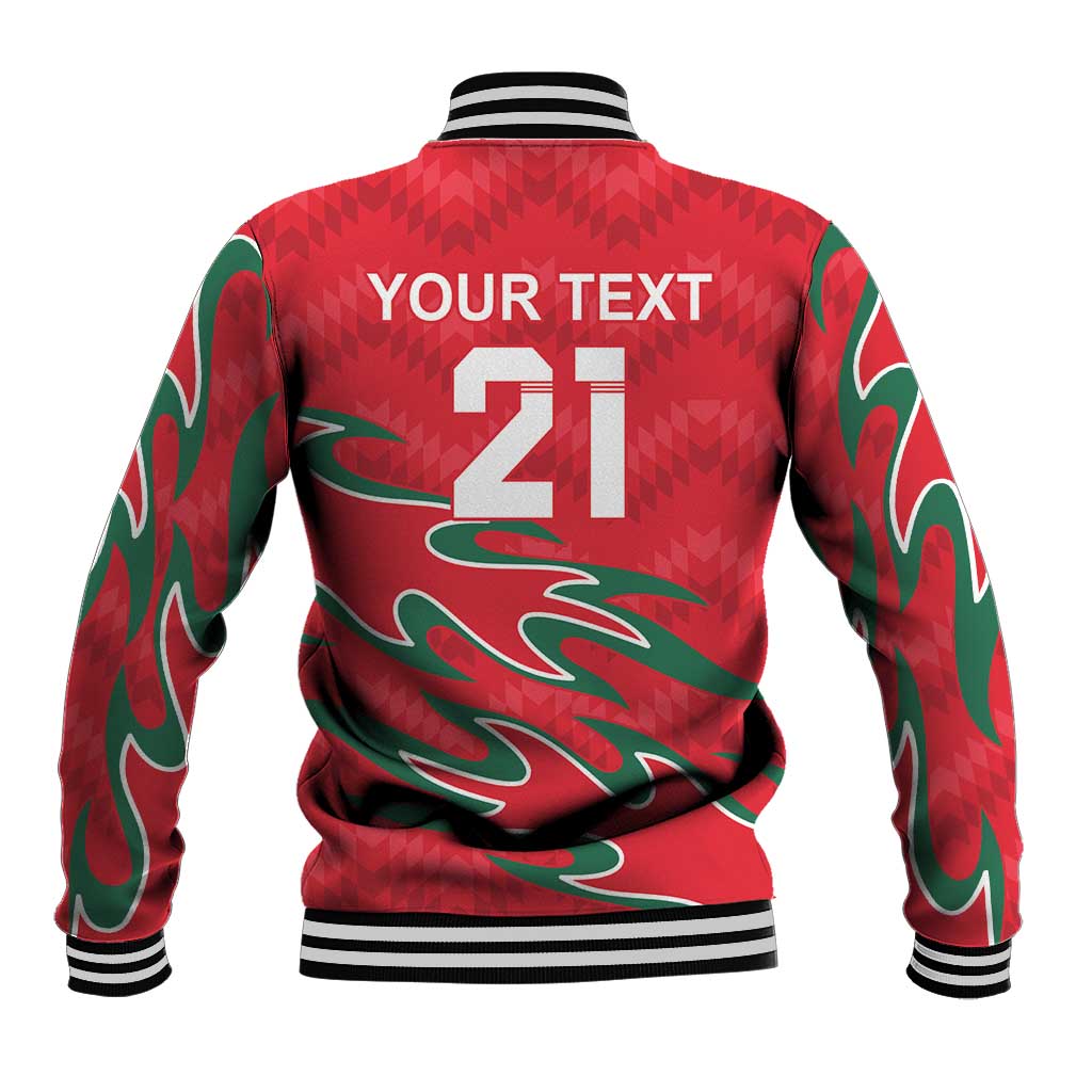 Red baseball jacket back with striped ribbed neck, flame graphic, YOUR TEXT 21