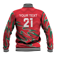 Red baseball jacket back with striped ribbed neck, flame graphic, YOUR TEXT 21