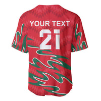 Red cricket jersey back with YOUR TEXT 21, green flame pattern, button V-neck
