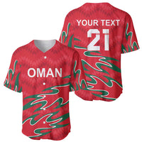 Red cricket jersey: OMAN front and 21 back, green flame pattern, V-neck