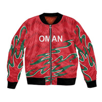 Red bomber jacket with OMAN text, front zip, green flame graphics, ribbed cuffs