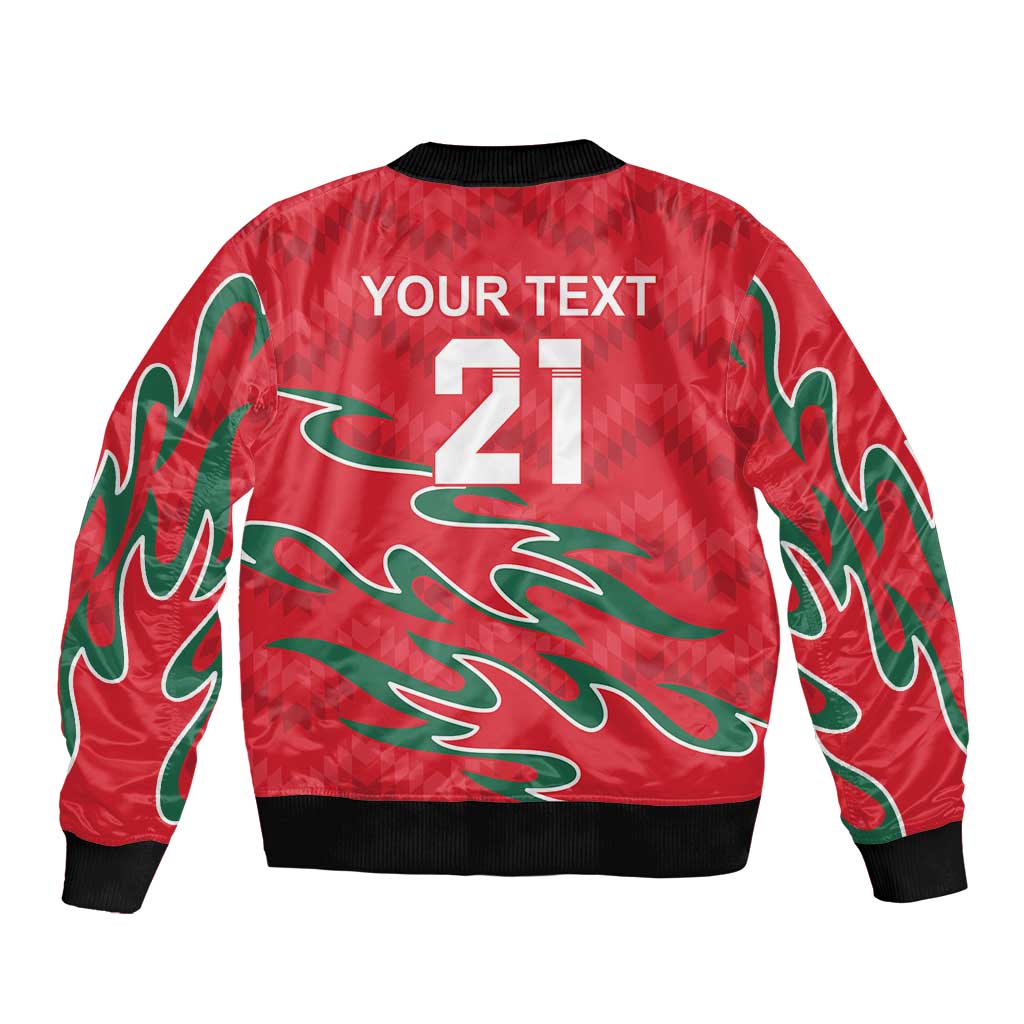 Red bomber jacket back with YOUR TEXT 21 print, green flame graphics, ribbed hem