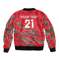 Red bomber jacket back with YOUR TEXT 21 print, green flame graphics, ribbed hem