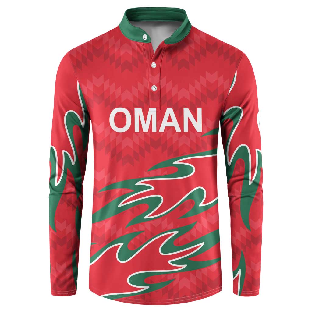 Red Oman cricket button sweatshirt with green pattern and OMAN logo, long sleeves